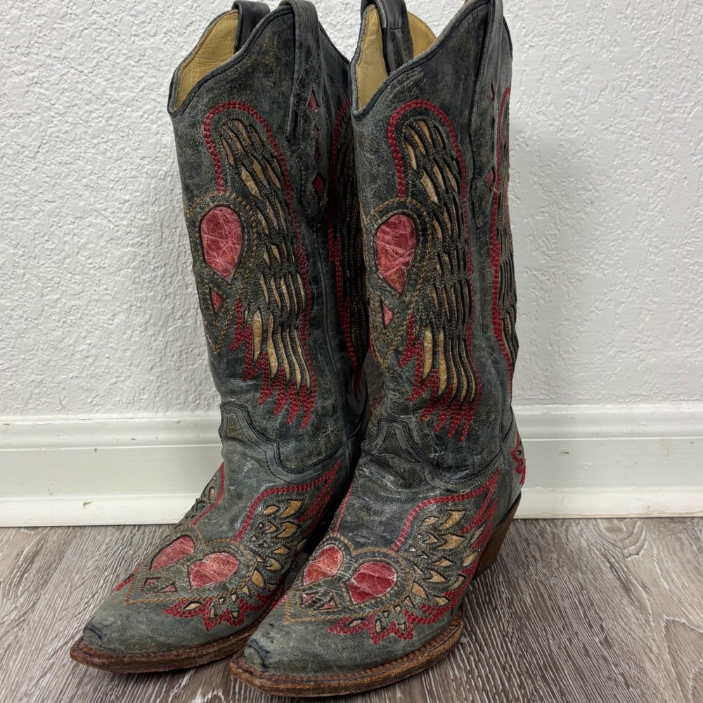 Corral Heart Wings Cowboy Boots Women SZ 6.5 Leather Western Cowgirl Embroidered